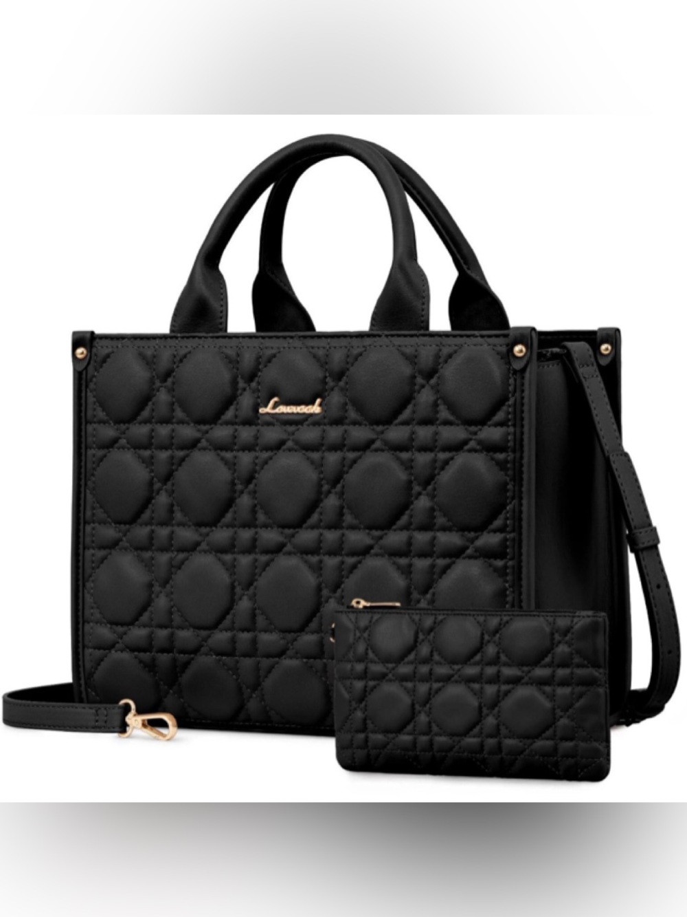 LOVEVOOK Large Black Quilted Top-Handle Tote with Crossbody Strap
